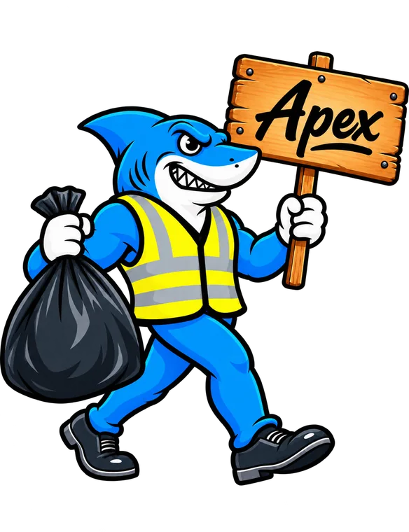Southeast Aquatics Trash mascot holding a Apex sign