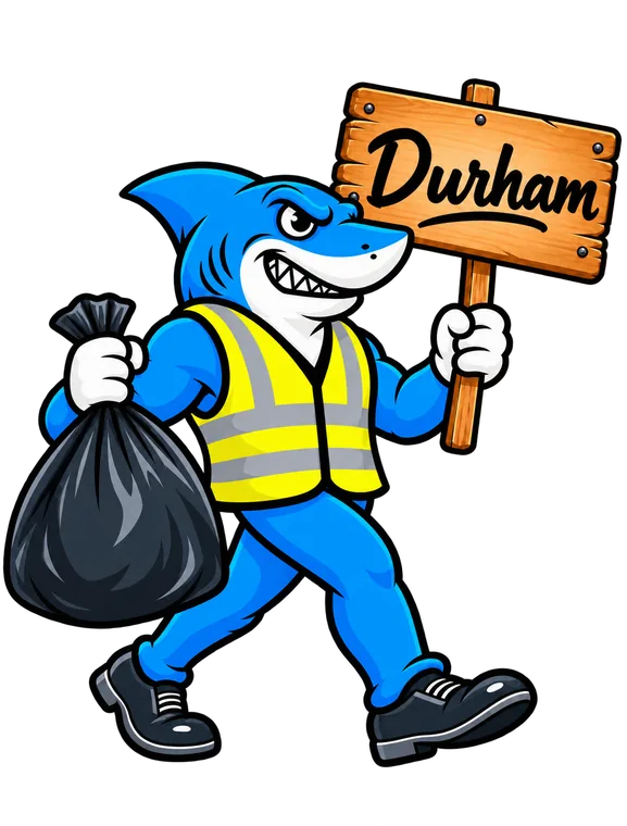 Southeast Aquatics Trash mascot holding a Durham sign