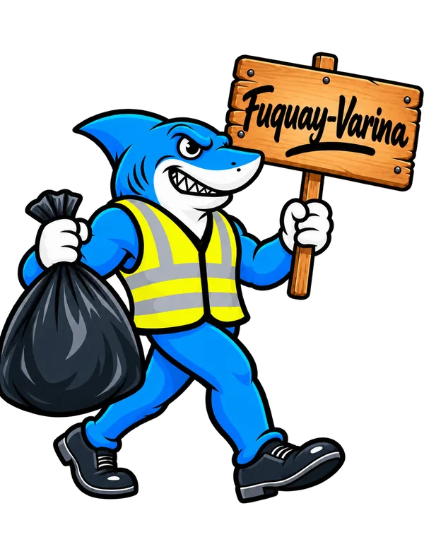 Southeast Aquatics Trash mascot holding a Fuquay-Varina sign