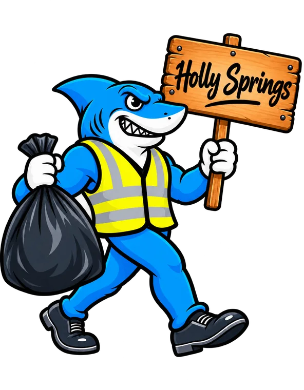 Southeast Aquatics Trash mascot holding a Holly Springs sign