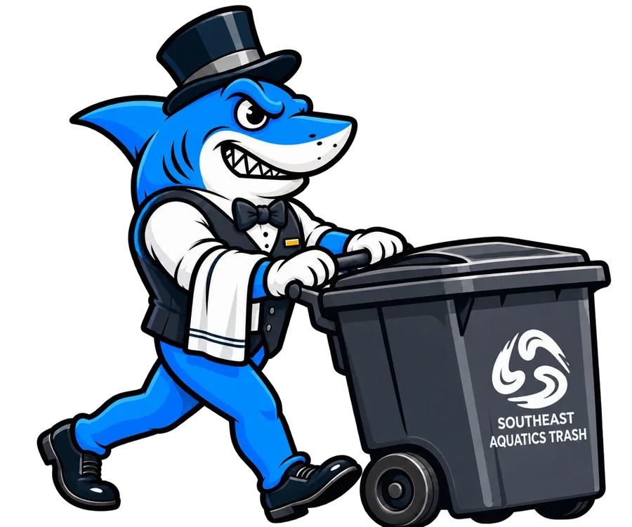 Southeast Aquatics Trash mascot in a tuxedo wheeling a cart